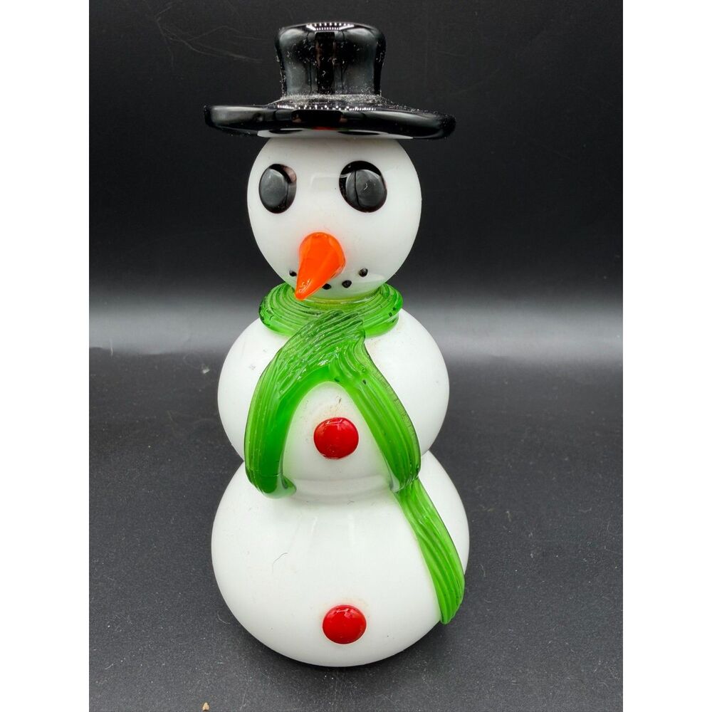 Hand Blown Art Glass Snowman Figurine 6" Green Scarf Black Top Hat Christmas